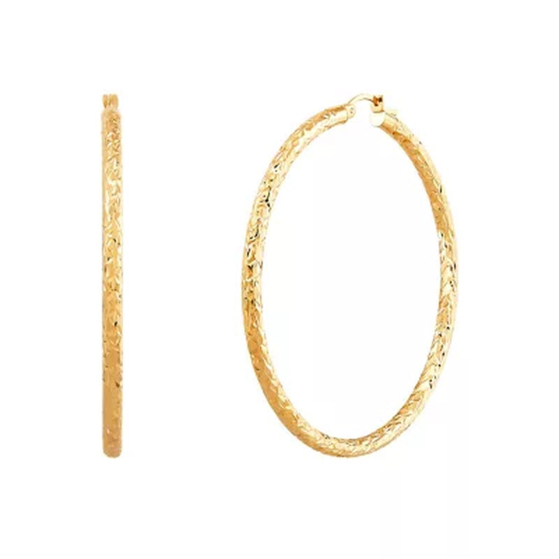 3X55Mm round Tube Hoop with Crystal Cut in 14K Yellow Gold