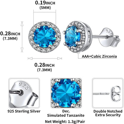 Birthstone Stud Earrings 925 Sterling Silver with Cubic Zirconia Crystal - Decem