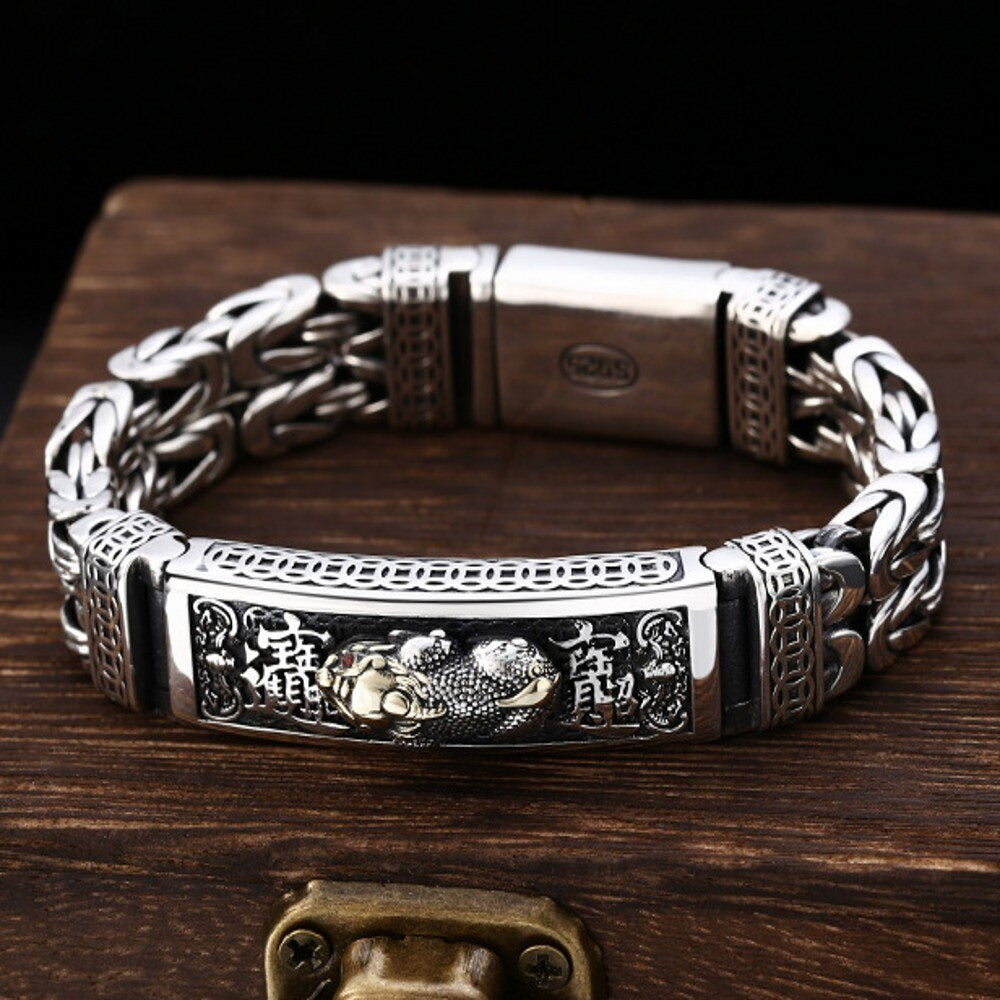 New Real Solid S925 Silver Retro Lucky Pixiu Man Bracelet Thick Style