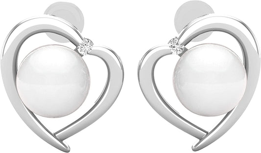8 MM Each round White Freshwater Pearl & White Diamond Ladies Heart Stud Earring
