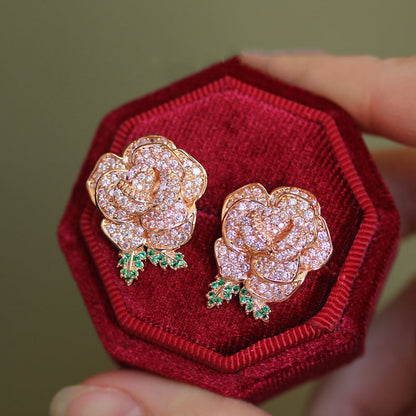Diamond Layered Rose Sparkling Diamond Gemstone Earrings