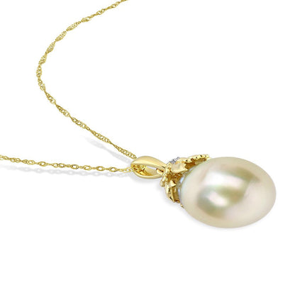 9-10Mm Drop South Sea Cultured Freshwater Pearl and Diamond Accent 14Kt Yellow G