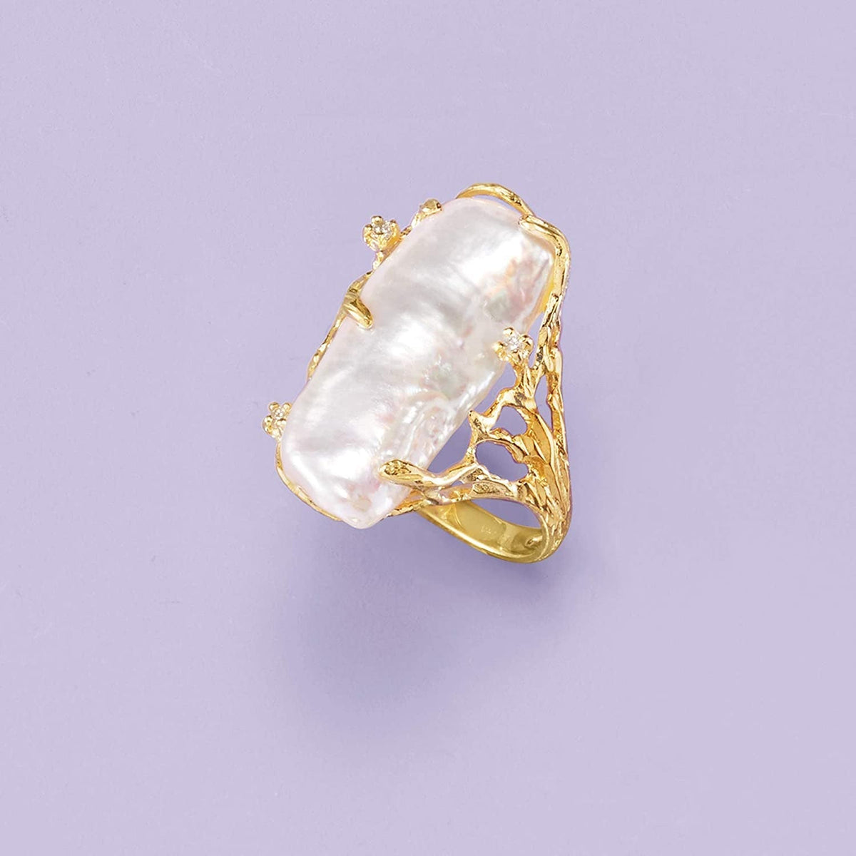 10X24Mm Cultured Baroque Pearl Ring with Diamond Accents in 14Kt Yellow Gold. Si