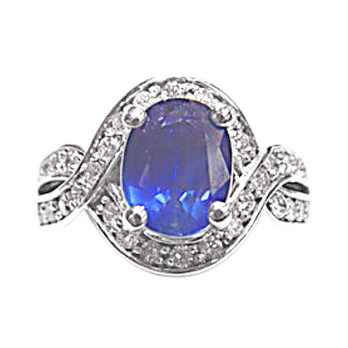 3.44 CT 1 OVAL SAPPHIRE SET WITH ROUND DIAMONDS SWIRL RING 14 K WHITE GOLD RING