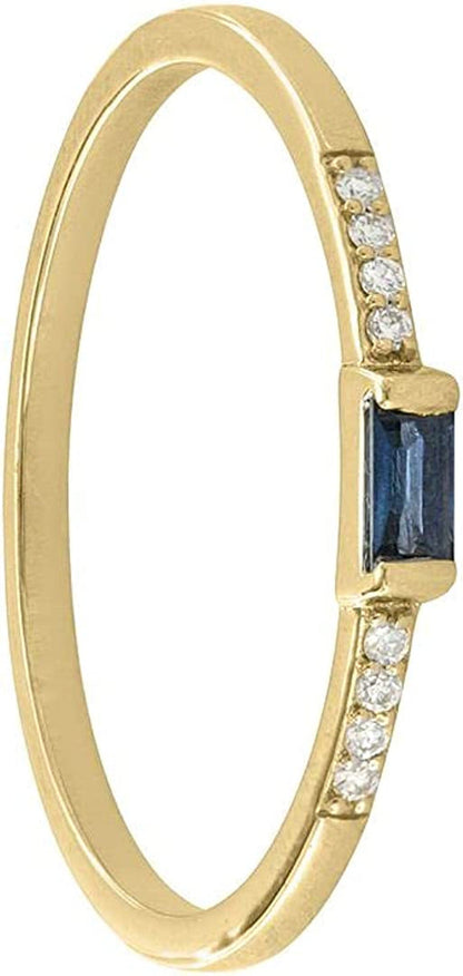 14K Gold Genuine Diamond and Baguette Blue Sapphire Gemstone Ring Fine Jewelry