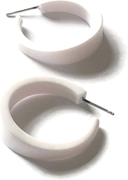White Acrylic Tapered Lucite White Hoop Earrings 1.25 Inches