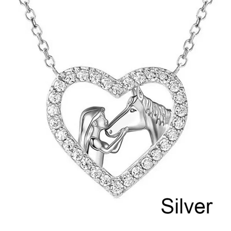 Girl and Horse Necklace for Women Girls Heart Diamond Pendant Necklace Horse Jew