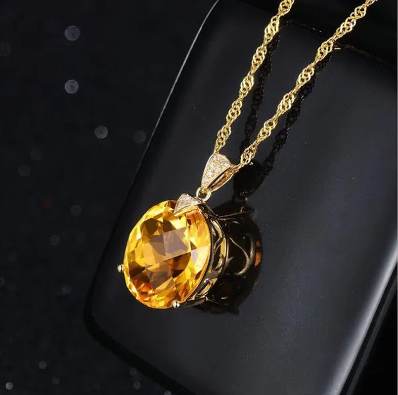 Big Citrine Gemstones Yellow Crystal Pendant Necklace for Women Diamonds Gold Co