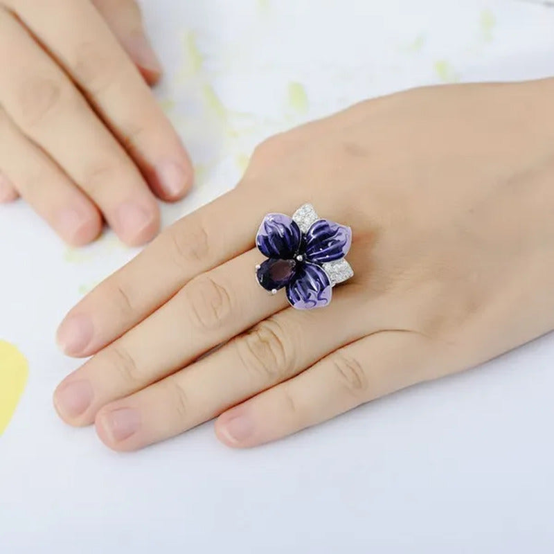 New Fashion Butterfly Flower Ring Jewelry Women 9Natural Gemstone Amethyst Ring