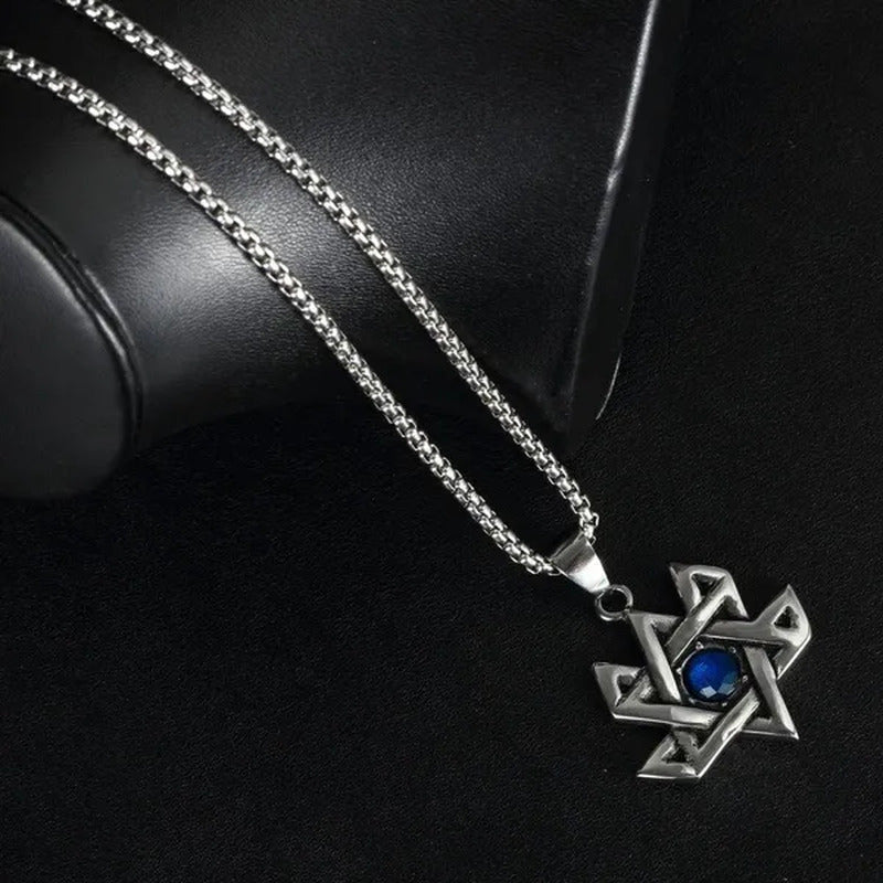 Stainless Steel Retro Six-Pointed Star Blue Ruby Pendant Titanium Steel Men'S