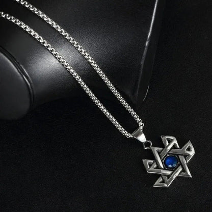 Stainless Steel Retro Six-Pointed Star Blue Ruby Pendant Titanium Steel Men'S