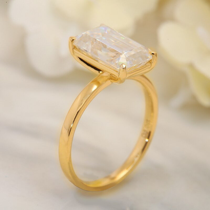 Real 14K Yellow Gold Emerald Brilliant Cut Moissanite Engagment Halo Ring 4.0