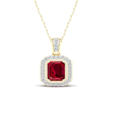Imperial Gemstone 10K Yellow Gold Emerald Cut Ruby 1/10 CT TW Diamond Halo Neckl
