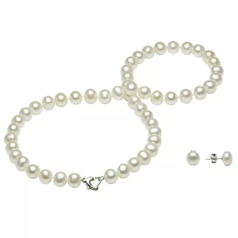 Sterling Silver Heart Clasp Freshwater Pearl Necklace and Earring Set (7-8Mm)