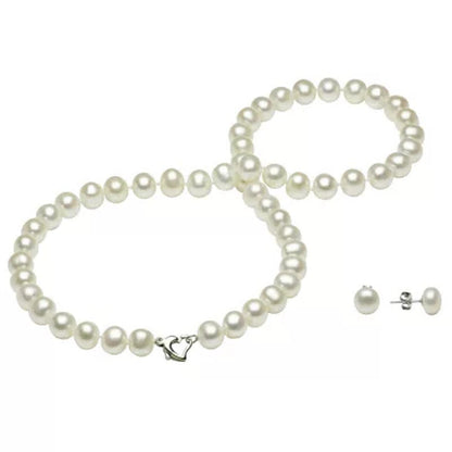 Sterling Silver Heart Clasp Freshwater Pearl Necklace and Earring Set (7-8Mm)