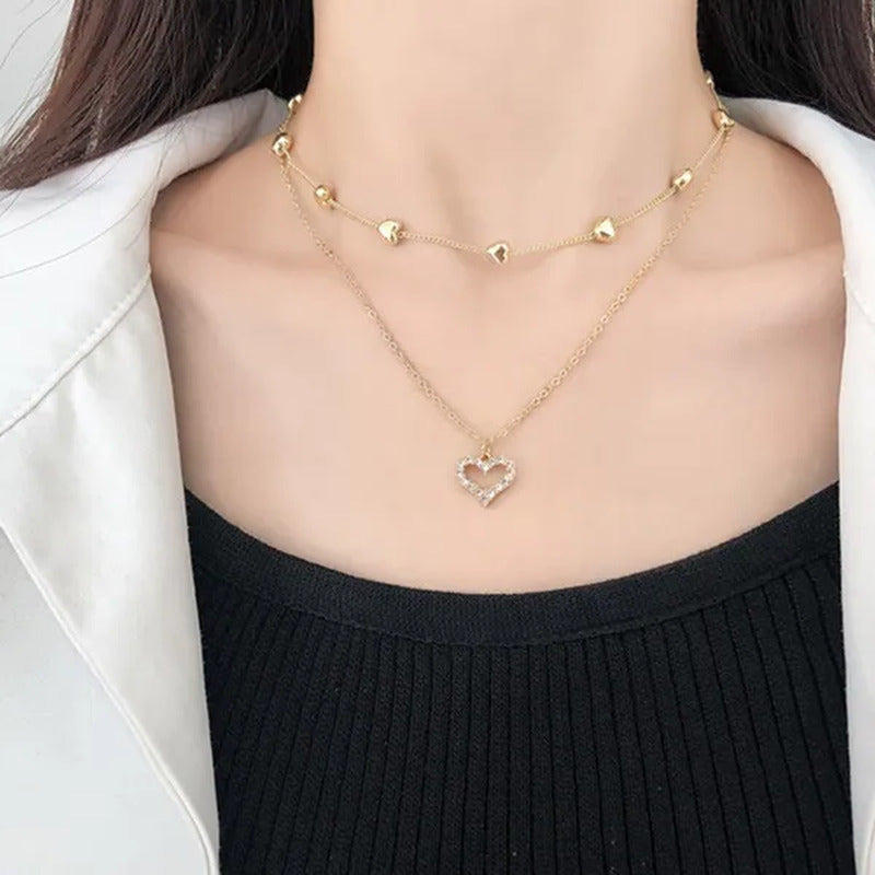 Ladies Necklace Fashion High-End Double Heart Diamond Chain