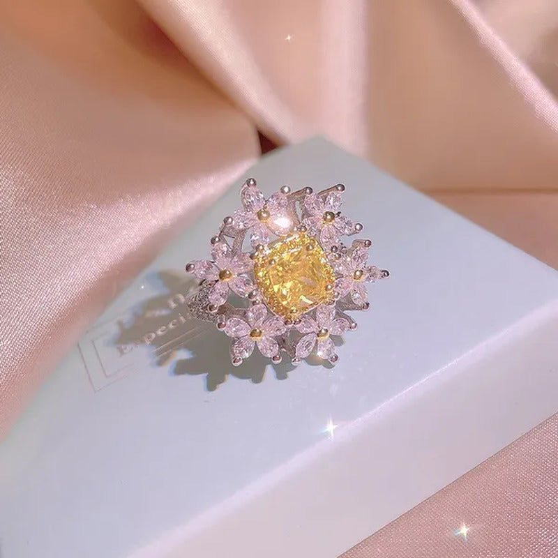 Womens Ladies Citrine Gemstone Bling Crystal Flower Design Crown Ring Adjustable
