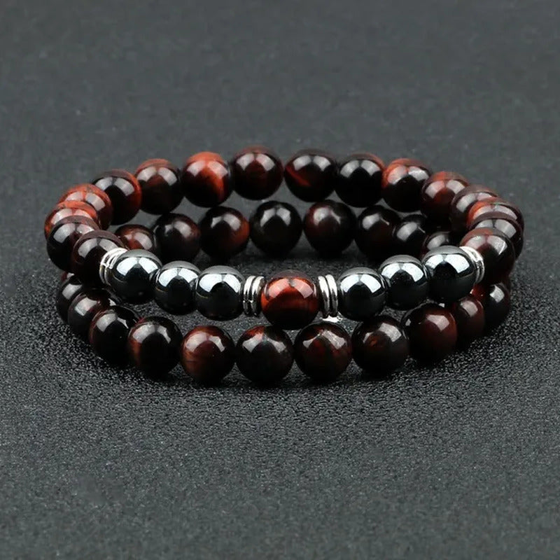 2Pcs/Set Fashion Red Tiger Eye Men Bracelet Beaded Classic Elastic Hematite Budd