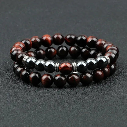 2Pcs/Set Fashion Red Tiger Eye Men Bracelet Beaded Classic Elastic Hematite Budd