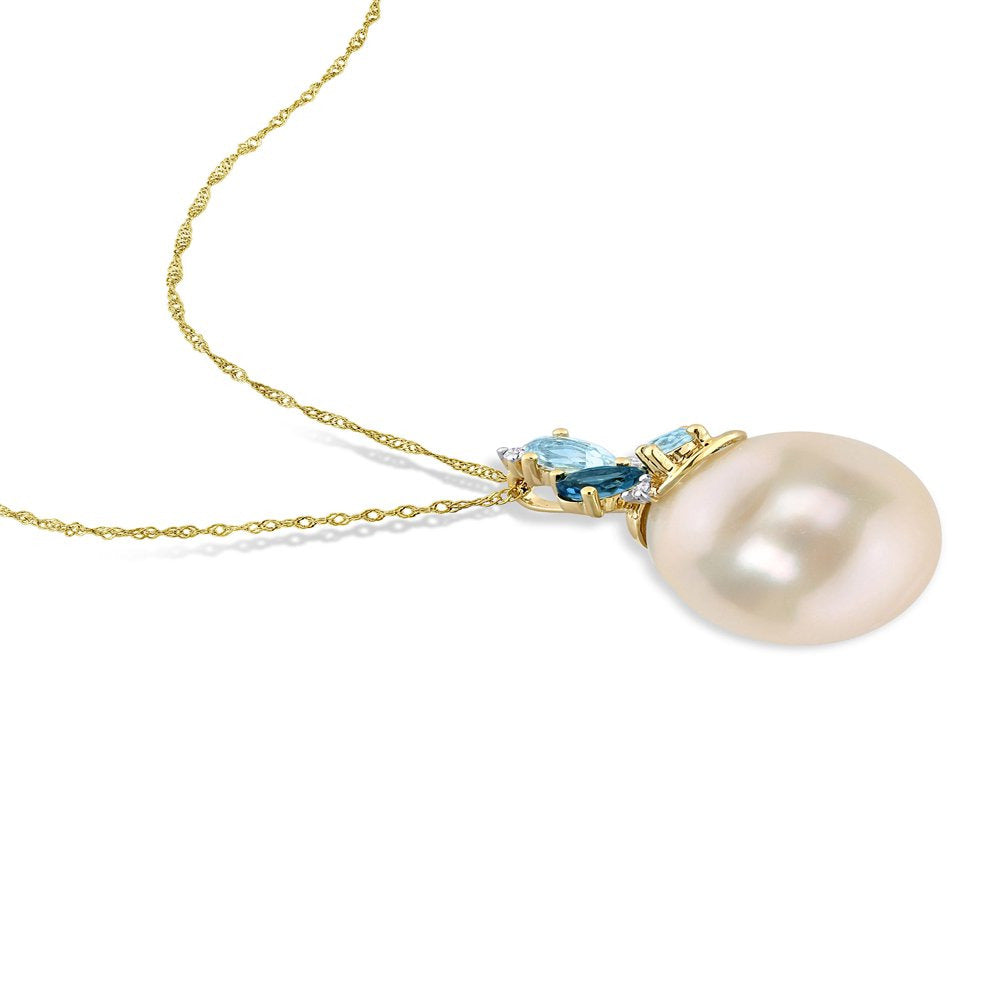 9- 10Mm Drop White South Sea Cultured Pearl & 5/8 Carat London & Sky Blue Topaz