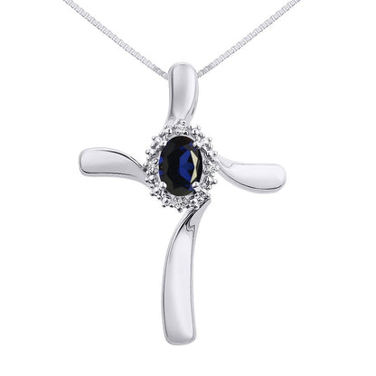 Diamond & Sapphire Cross Pendant Necklace Set in 14K White Gold with 18" Chain