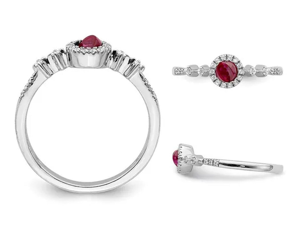 1/3 Carat (Ctw) Cabachon Ruby Ring in 14K White Gold with 1/8 Carat (Ctw) Diamon