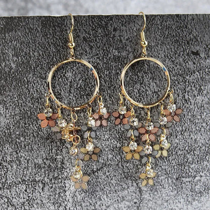 Woman Fashion Golden Circle Flower Tassel Earrings Jewelry