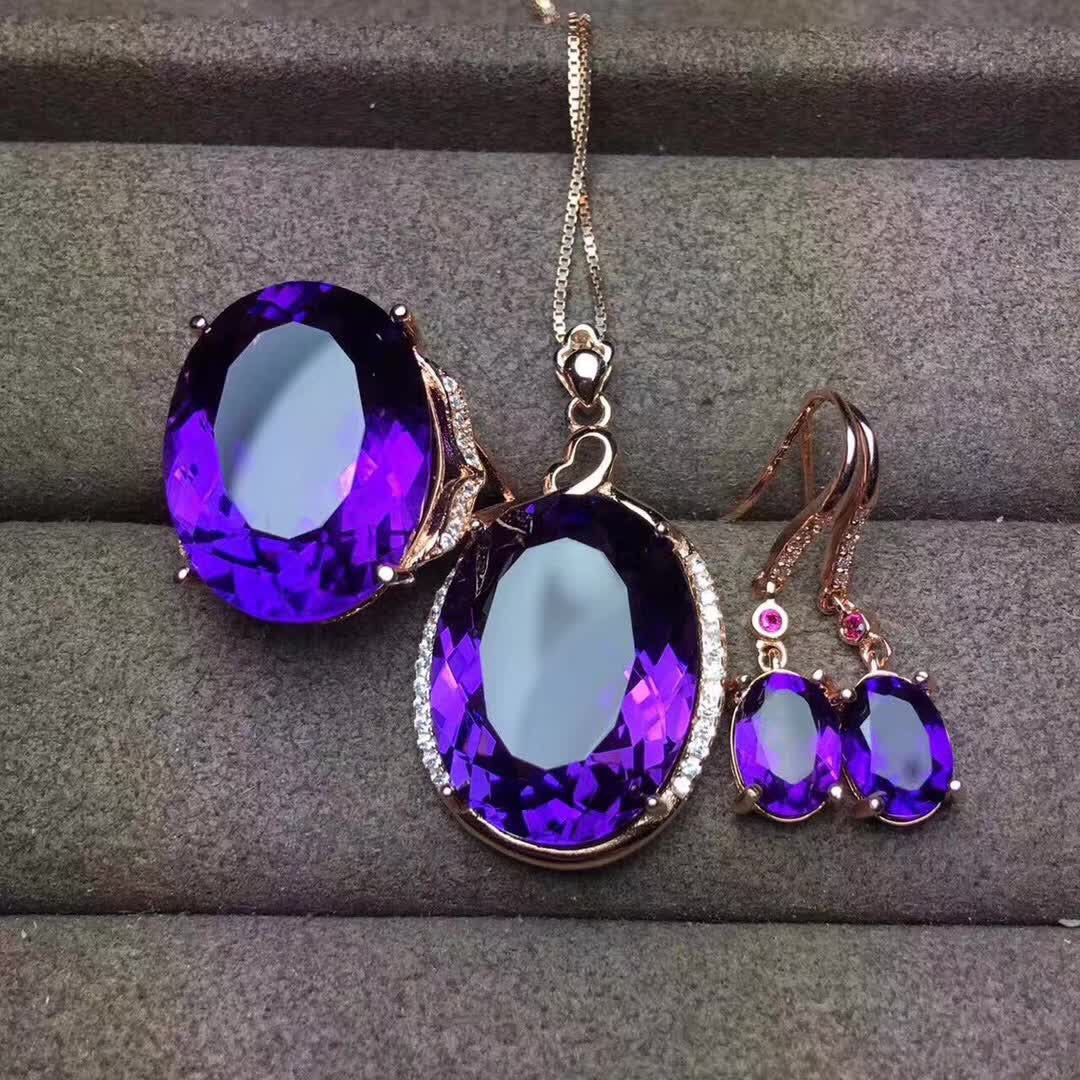 New Fashion Amethyst Set Ring Pendant Earrings Three-Piece Set