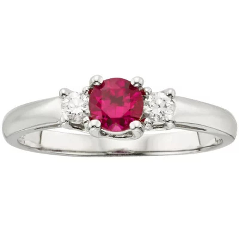 Three Stone round Ruby Ring with 0.14 CT. T.W. Diamond Set in 14K Gold