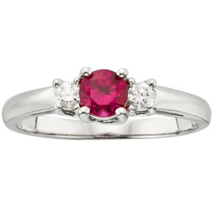 Three Stone round Ruby Ring with 0.14 CT. T.W. Diamond Set in 14K Gold