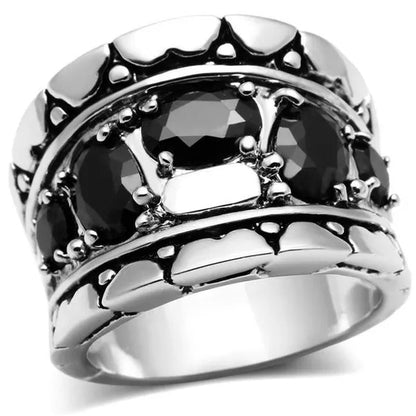 Alamode 3W262-5 Rhodium Brass Ring with AAA Grade CZ, Black Diamond - Size 5