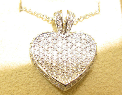 1.70 CT DIAMOND HEART PAVE SET ROUND BRILLIANT SHAPE DIAMOND INCLUDED CHAIN 18 K