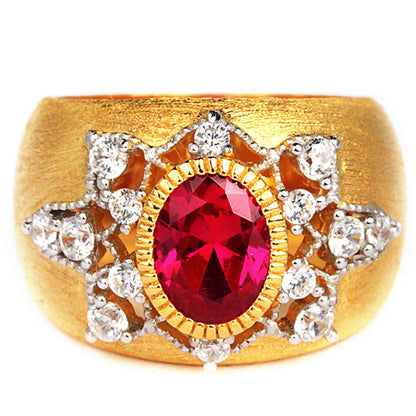 Silver Red Corundum Ring Fashion Luxury Gem with Gold-Plated Inlay