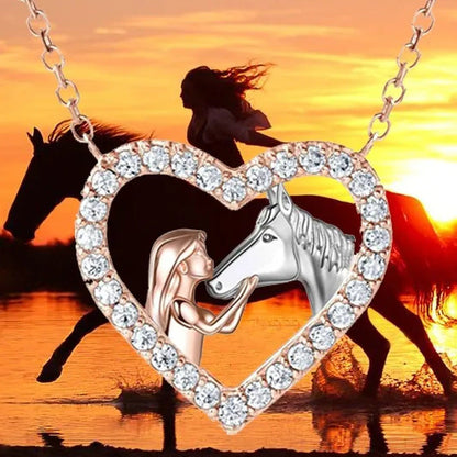 Girl and Horse Necklace for Women Girls Heart Diamond Pendant Necklace Horse Jew