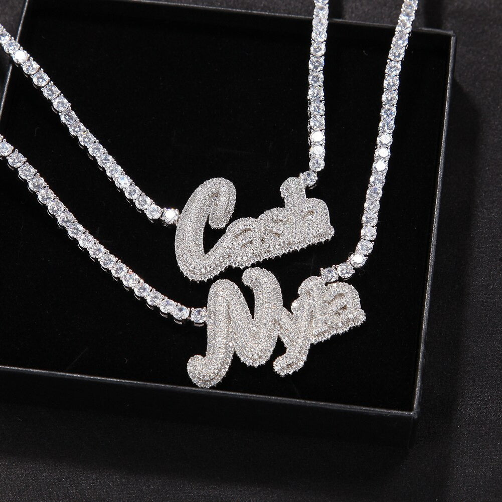 Custom Name Necklace Cursive Letter with Tennis Chain Cubic Zirconia Gold Silver