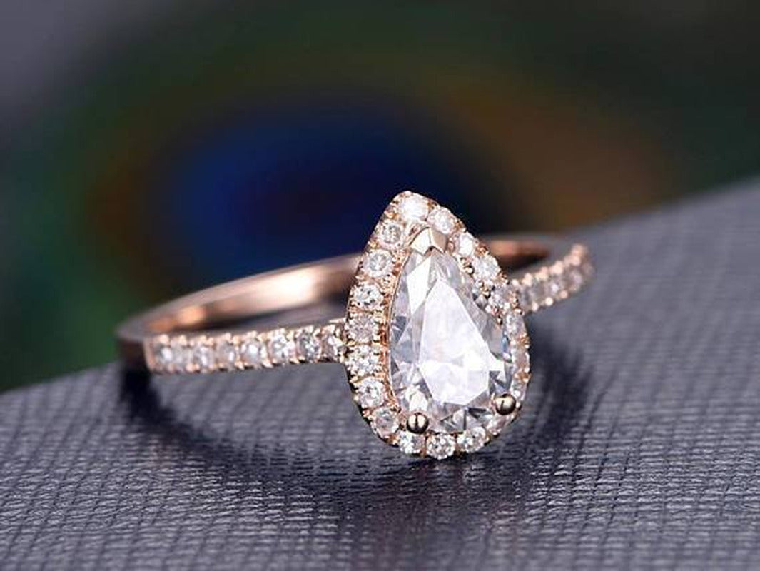 Classic Pear Cut Halo 1.50 Ct Moissanite & Diamond Engagement Ring with 18K Gold