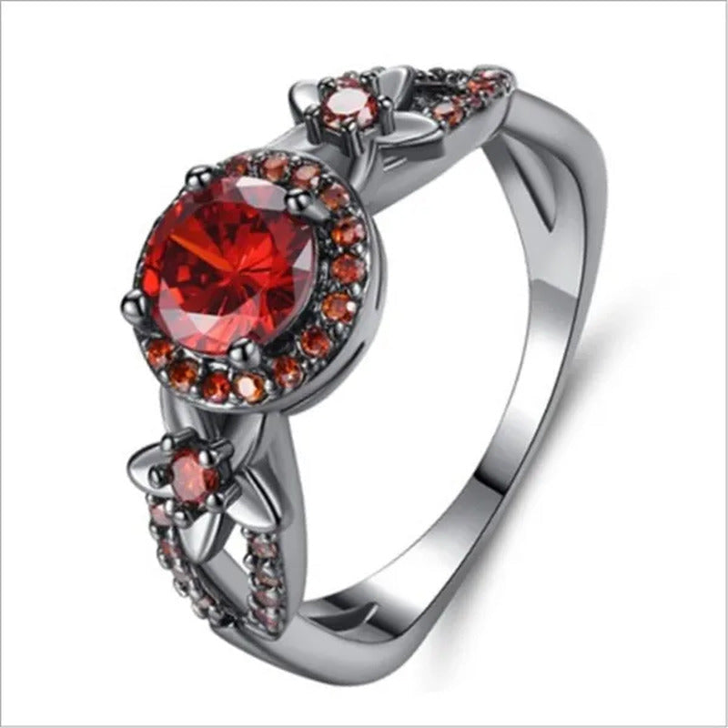 Exquisite Flower Shiny Red Garnet Ring Fashion Jewelry Vintage Black Gold Filled