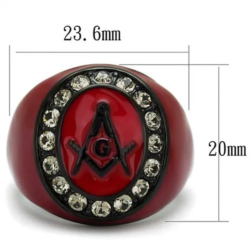 Stainless Steel Red & Black Ion Plated Crystal Masonic Freemason Ring Size 8-13