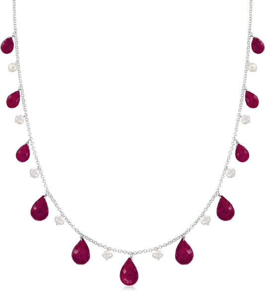 Gemstone and 4-5Mm Cultured Pearl Drop Necklace in Sterling Silver