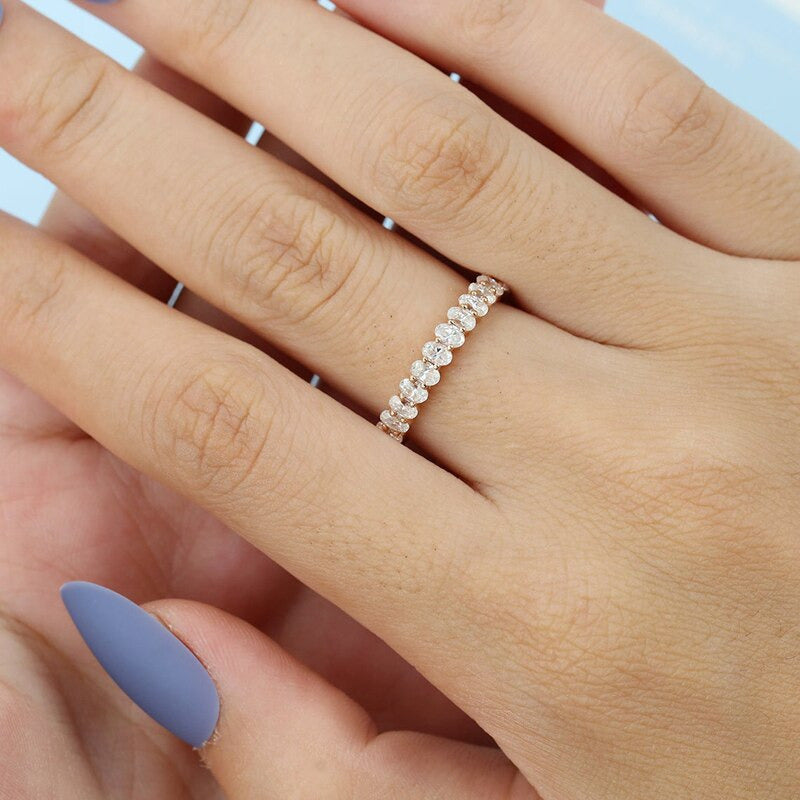 Solid 14K Rose Gold Oval Cut Moissanite Engagement Ring Vintage Full Eternity