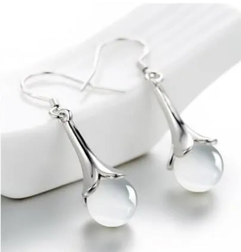 NEW ARRIVAL 925 Sterling Silver Long Earring Simple round Moonstone Dashing Woma
