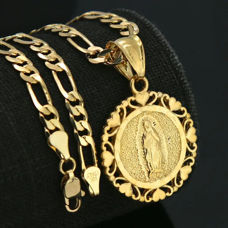 18K Gold Plated Lovely round Virgen De Guadalupe Pendant 5Mm 18" Virgin Mary Fig