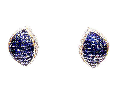 FRENCH CUT BLUE SAPPHIRES INVISIBLE SET WITH ROUND BRILLIANT DIAMOND