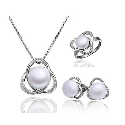 Flowers Bead Inlay Stud Alloy Earrings Necklace Ring Set for Women