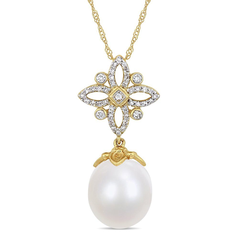 11-12MM South Sea Cultured Pearl and 1/4 Carat T.W. Diamond 14K Yellow Gold Flor