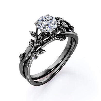 Half Carat round Real Diamond Bridal Set - Leaf and Vine Diamond Wedding Ring Se