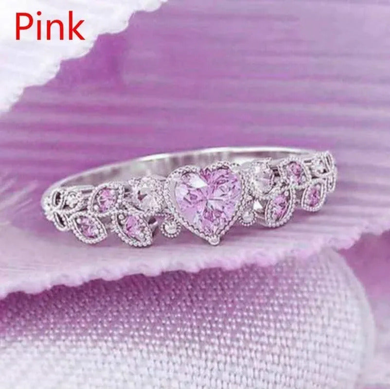 Exquisite Woman Fashion Sterling Silver Natural Pink Gem Rhinestones Leaf Heart