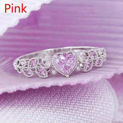 Exquisite Woman Fashion Sterling Silver Natural Pink Gem Rhinestones Leaf Heart