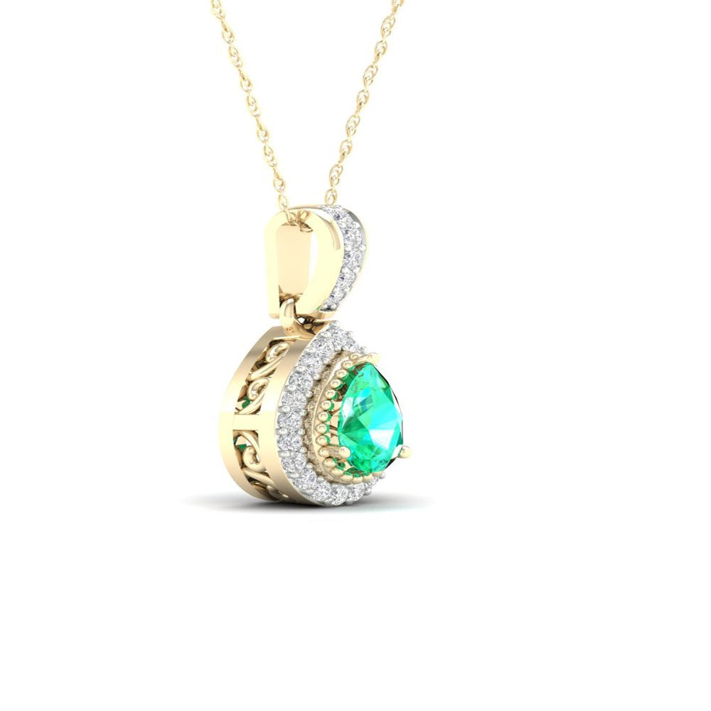 Imperial Gemstone 10K Yellow Gold Pear Cut Emerald 1/20 CT TW Diamond Halo Penda