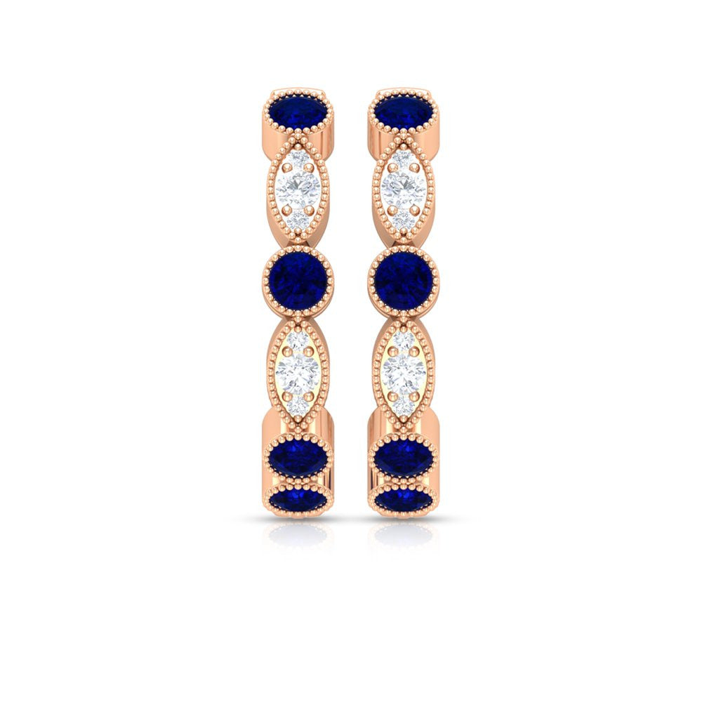 1 CT Blue Sapphire and Diamond Hoop Earrings, Blue Sapphire Vintage Earrings, Ho